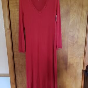 Adonna Red Long Sleeve V-Neck Nightgown with Lace Trim